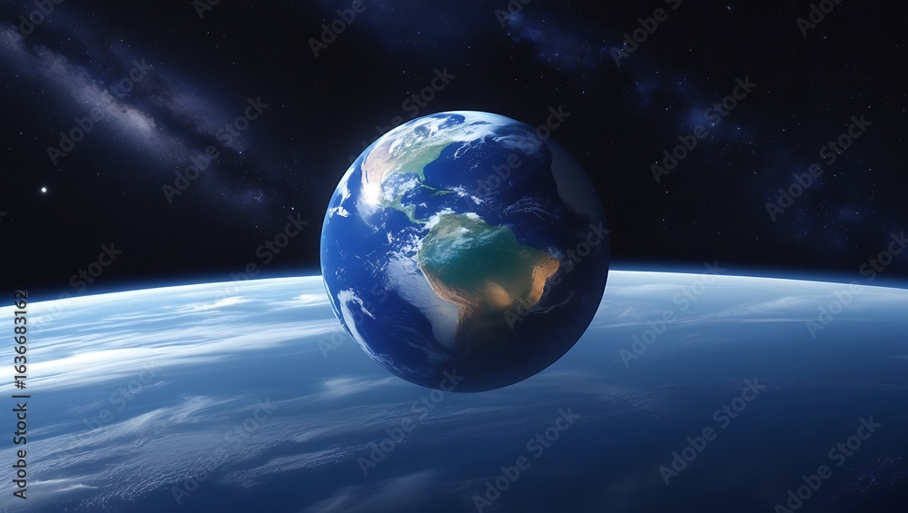 Fototapeta premium Earth suspended in the vastness of space with stars and clouds