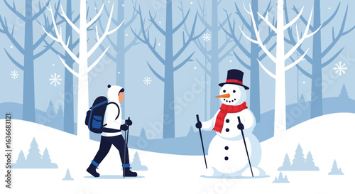 Adventures In Winter Snowy Excursion And A Cheerful Snowman Encounter Design