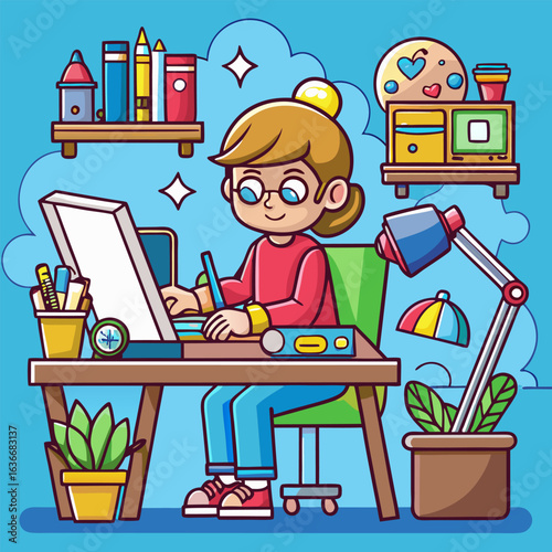 Young female graphic designer working at a home office desk. Engaged in digital design work using a drawing tablet at a home office desk with colorful accessories.