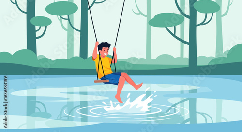 Adventurous Day Swings Over Serene Waters In A Tranquil Forest Scenery
