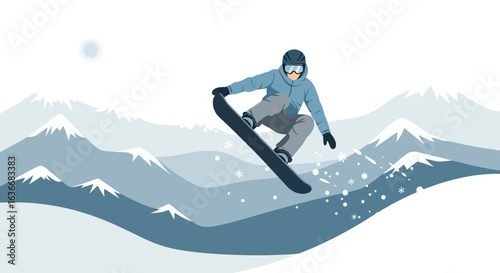 Adventurous Snowboarder Leaping Through a Winter Wonderland Landscape Illustration