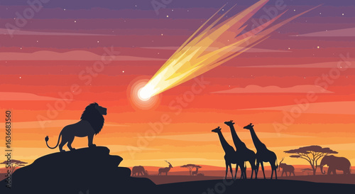 African Safari Under Celestial Event Lion Giraffes Witnessing Cosmic Spectacle