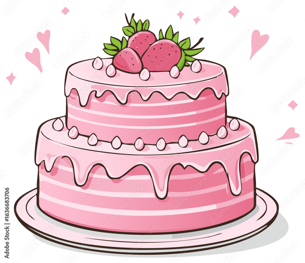 Whimsical Two Tier Pink Strawberry Cake with Drip Icing and Heart Accents Whimsical Two Tier Pink Strawberry Cake with Drip Icing and Heart Accents