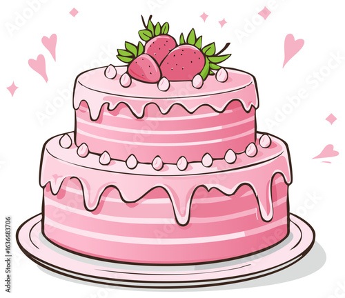Whimsical Two Tier Pink Strawberry Cake with Drip Icing and Heart Accents