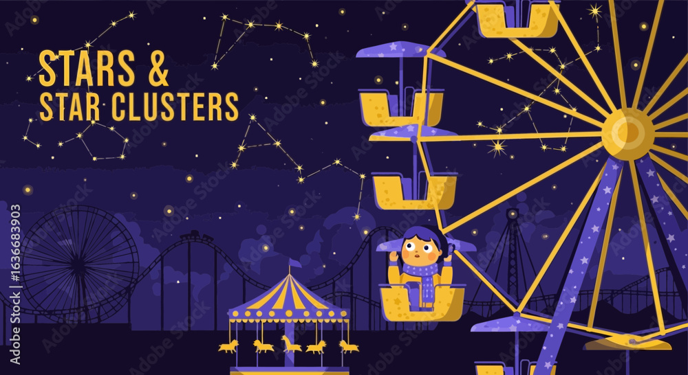 Naklejka premium Amusement Park Under Starry Night Sky Featuring Ferris Wheel And Merry Go Round