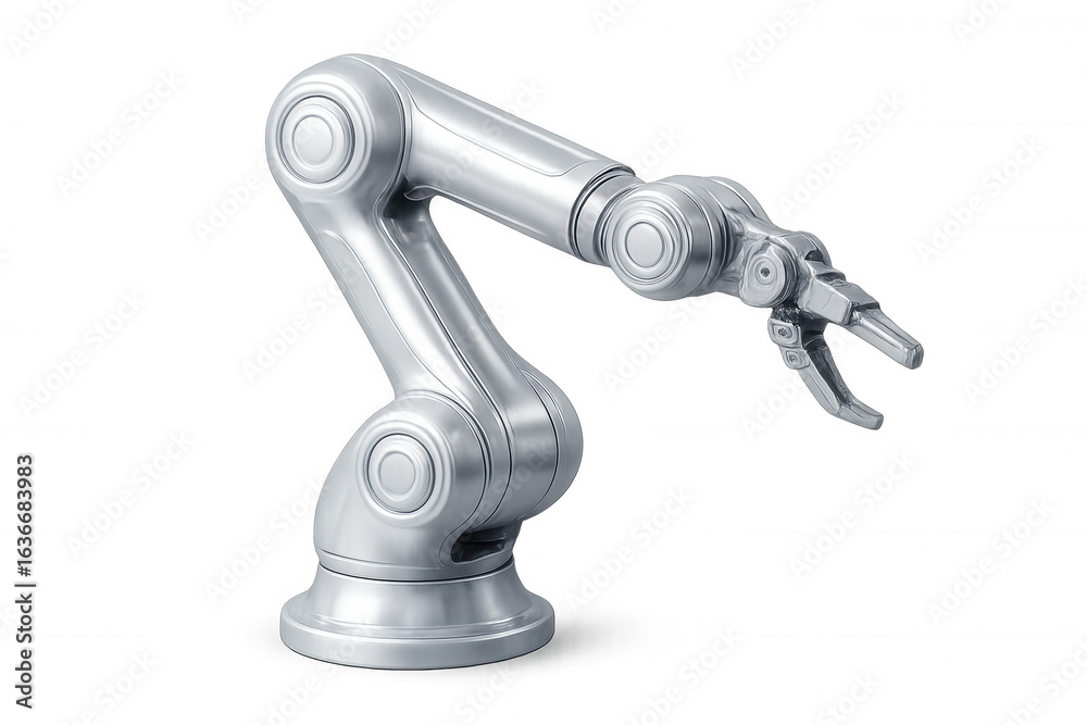 Metallic robotic arm extending its claw against a transparent background, ready for manipulation and automation tasks Metallic robotic arm extending its claw against a transparent background, ready for manipulation and automation tasks