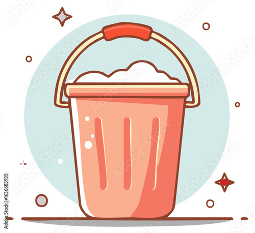 Coral Cleaning Bucket Filled with Foamy Soap Suds in Cartoon Vector Illustration