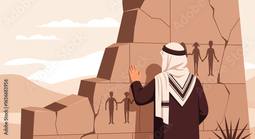 An Arabian Man Examines Ancient Drawings on a Stone Structure in the Desert