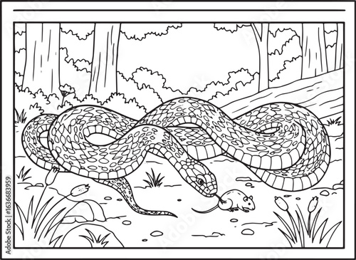 Detailed coloring page featuring a king snake stalking its prey