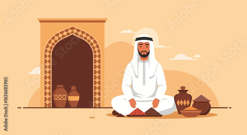 An arabic man dressed in traditional clothes meditating, in front of his house in the desert and some pots