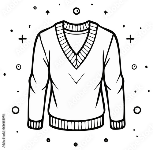 Outline Sketch of V-Neck Sweater with Ribbed Cuffs and Neckline, Minimalist Style