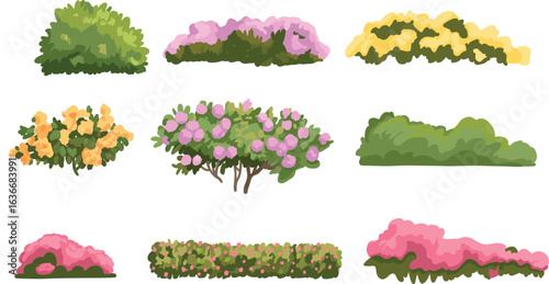 PColorful garden bushes and flowering shrubs illustration, spring and summer plants, landscape decoration, floral hedge, blooming foliage, vibrant outdoor greeneryrint