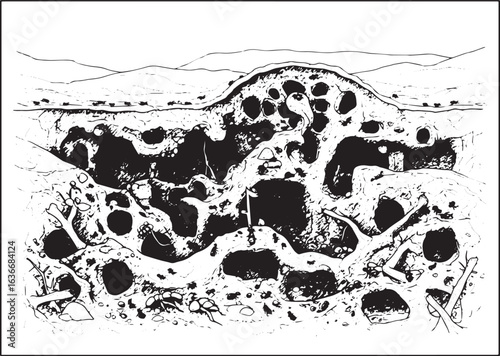 Detailed Illustration of an Ant Colony's Subterranean World and