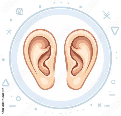 Cartoon illustration of a pair of human ears, a symbol for hearing, listening, and audiology concepts