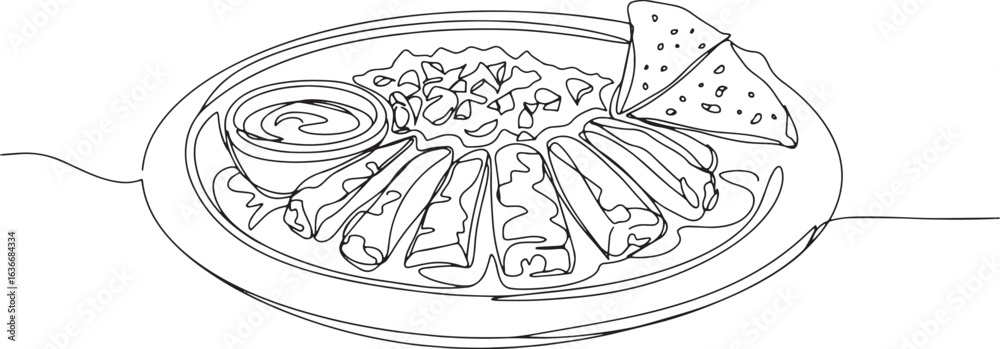 Continuous line drawing of mexican verde mole dish with tortilla