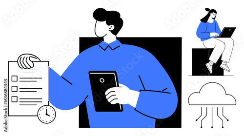 Wallpaper Mural Man holding tablet and checklist with clock, woman on laptop, cloud with digital nodes. Ideal for productivity, scheduling, tech, teamwork, remote work, cloud computing and digital collaboration Torontodigital.ca