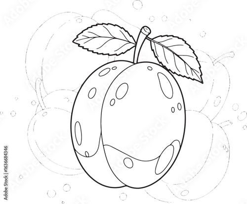 Stylized Plum Outline with Background Fruits for Coloring or Dec