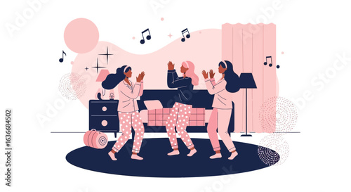 Animated slumber party scene featuring three friends dancing in matching pajamas
