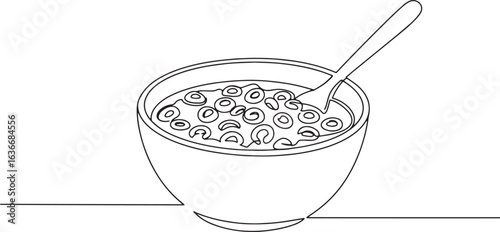 Continuous line drawing of a bowl of cereal with a spoon creatin