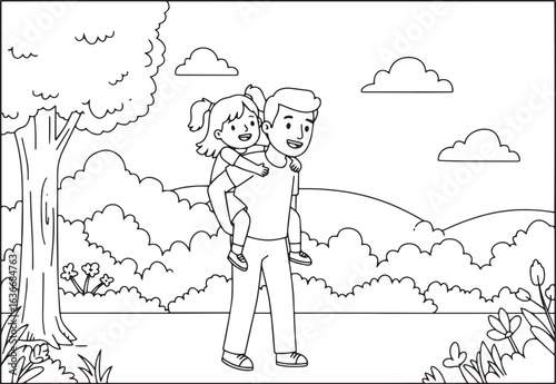 Illustration of a happy father giving his daughter a piggyback r
