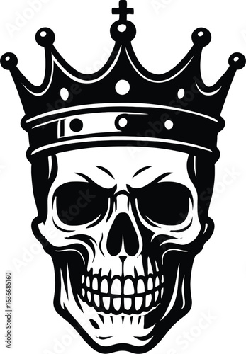 Black and White Vector Icon of a Skull Wearing a Crown