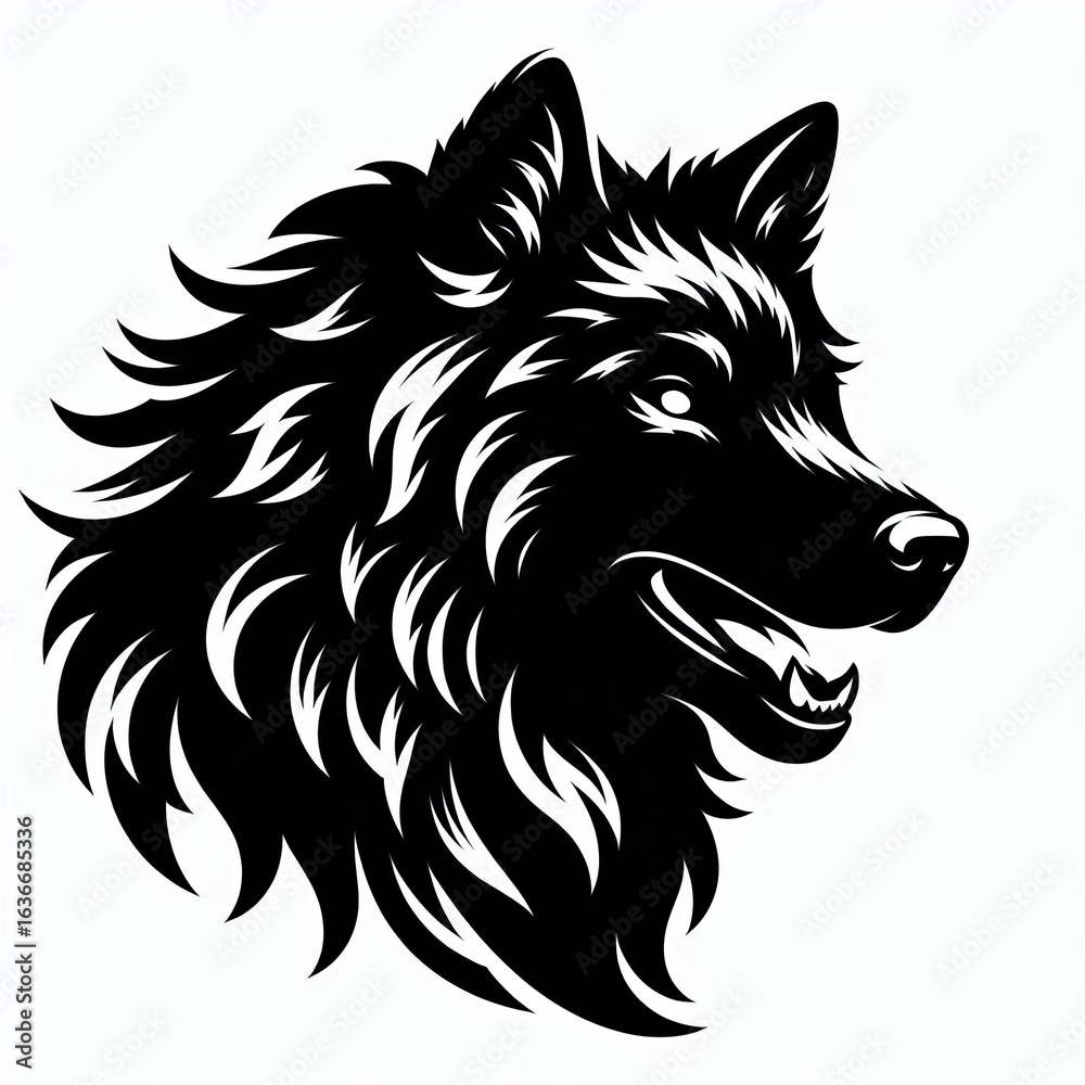 Fototapeta premium Fierce black wolf head illustration with open mouth and intense eyes