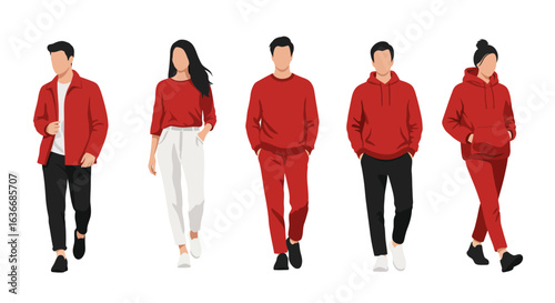 fashionable people in various standing and walking poses, wearing modern casual outfits in red and white color theme