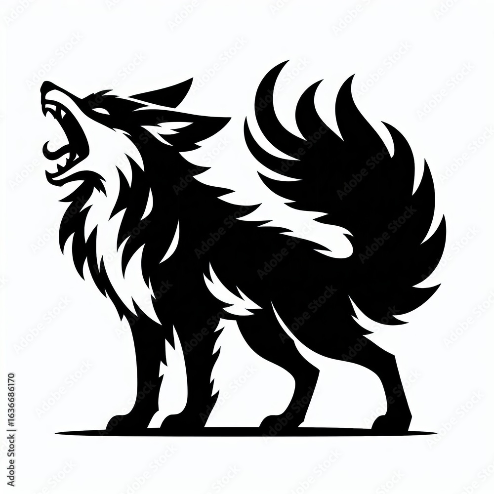 Obraz premium Fierce black wolf howling with a bushy tail