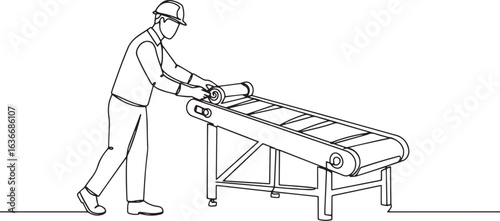 Continuous line illustration featuring worker interacting with c