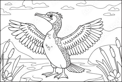 Detailed black and white coloring page featuring a cormorant bir