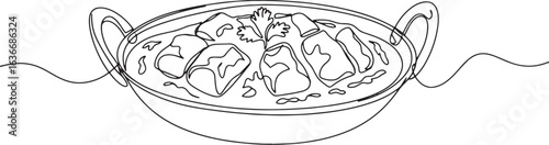 Minimalist one line drawing of delicious indian tikka masala dis