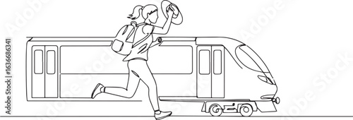 Single line drawing of woman chasing train with backpack and wav