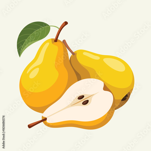Fresh yellow pears one halved with green leaf and stem