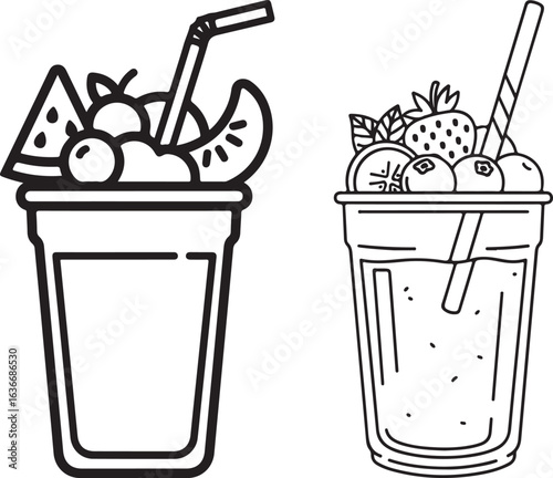 Black and white line art illustration of two fruit smoothies in cups with straws