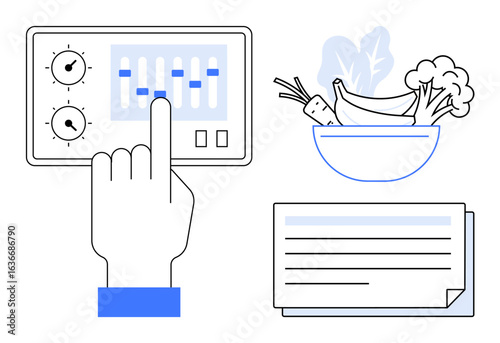 Hand operating control panel, bowl with vegetables thumbs up banana and broccoli, recipe card. Ideal for cooking, nutrition, healthy living, smart technology, meal planning, modern kitchen simple
