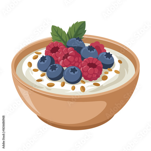 Healthy yogurt bowl topped with fresh berries and mint