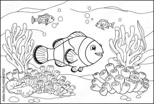 Underwater scene coloring page featuring a clownfish and other m