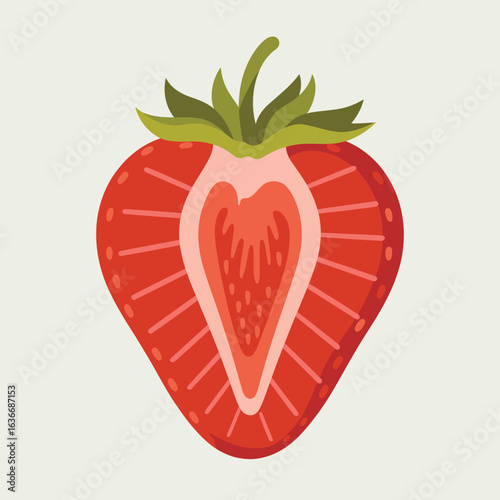 Juicy red strawberry cut in half showing seeds and texture