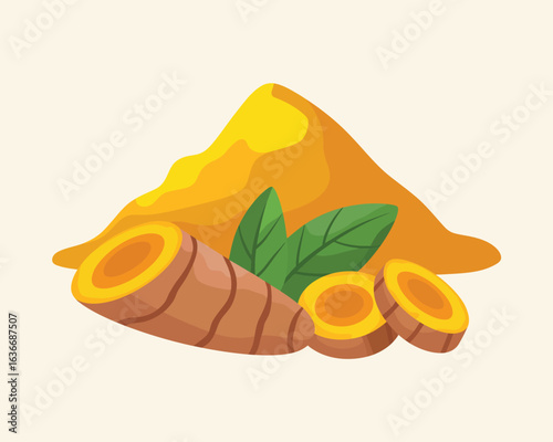 Vibrant turmeric root and powder with green leaves