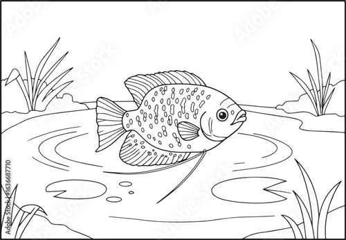 Coloring page line art of a freshwater fish swimming in a pond w