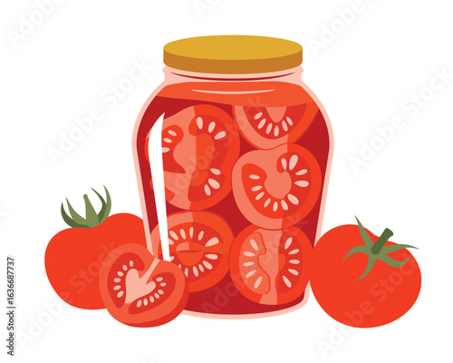 Jar of sliced tomatoes preserved in liquid with fresh tomatoes
