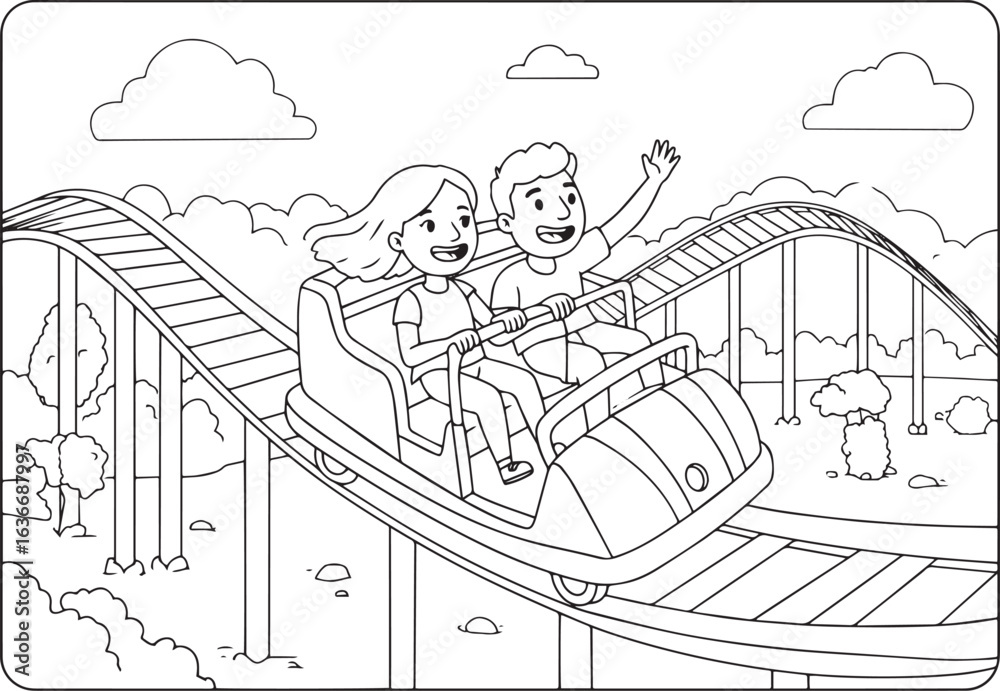 Obraz premium Line art illustration of a couple riding a thrilling roller coas