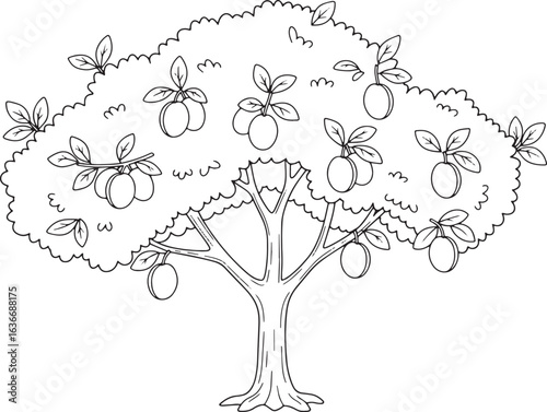 Charming Cartoon Plum Tree Illustration with Detailed Line Work