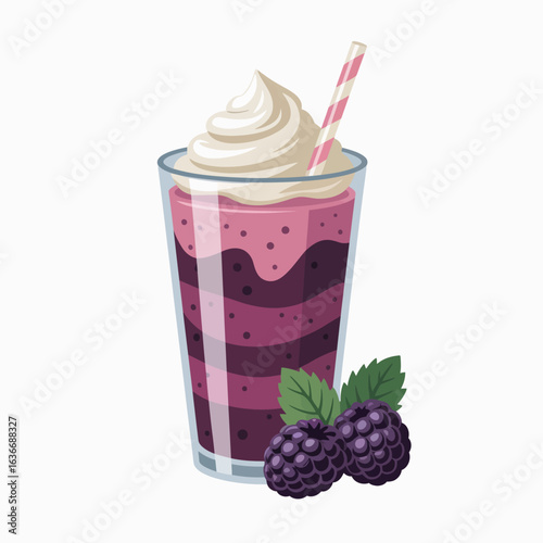 Delicious blackberry smoothie with whipped cream and fresh berries