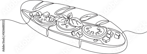 Continuous line drawing of a bruschetta with tomato and basil mi