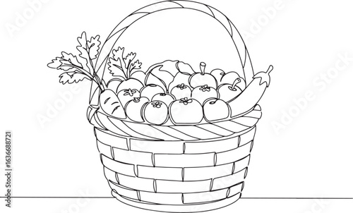 Single continuous line drawing of a harvest basket filled with v