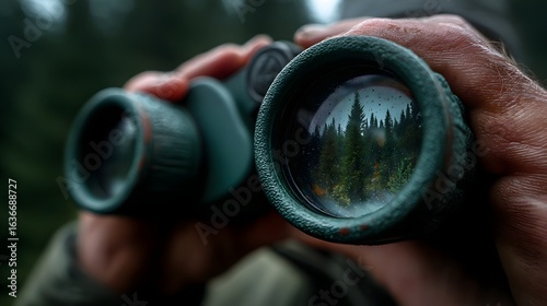 Hand holding binoculars with a forest reflected in the