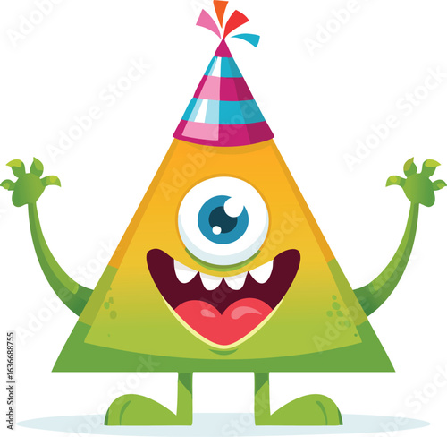 Cheerful Triangular One-Eyed Monster in a Party Hat