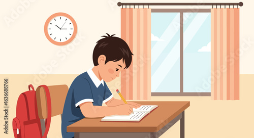 Boy Learning And Studying Writing On A Book At His Home In The Morning