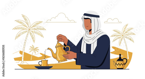Arabian Hospitality Celebrating Heritage Man Pouring Tea in Desert Landscape